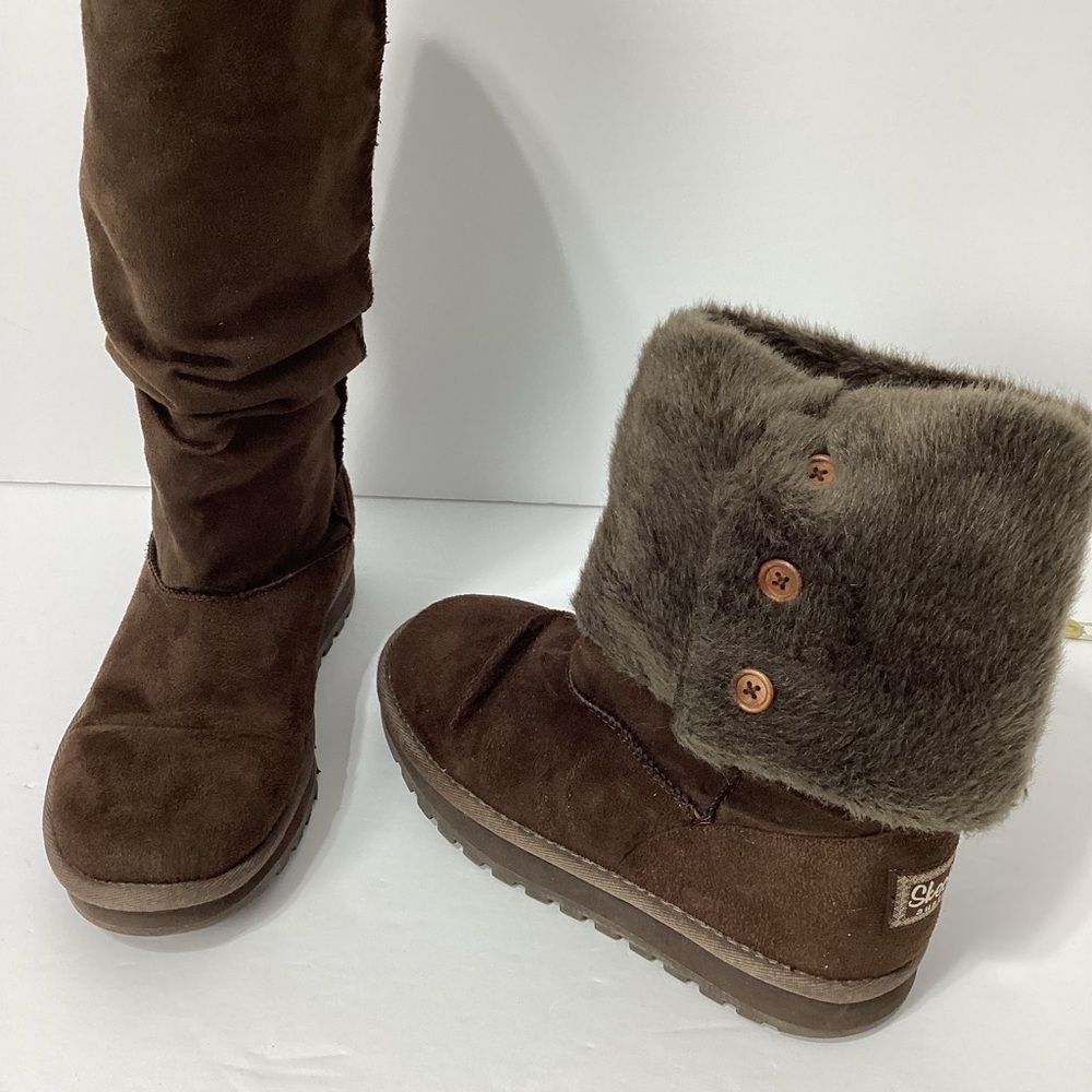 Skechers Australia Dark Brown Faux Suede Faux Fur Lined Short Or Tall Boots 7.5